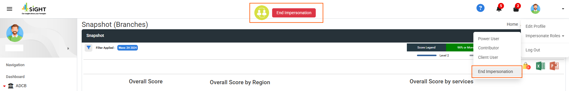 How do I end impersonation in the dashboard?