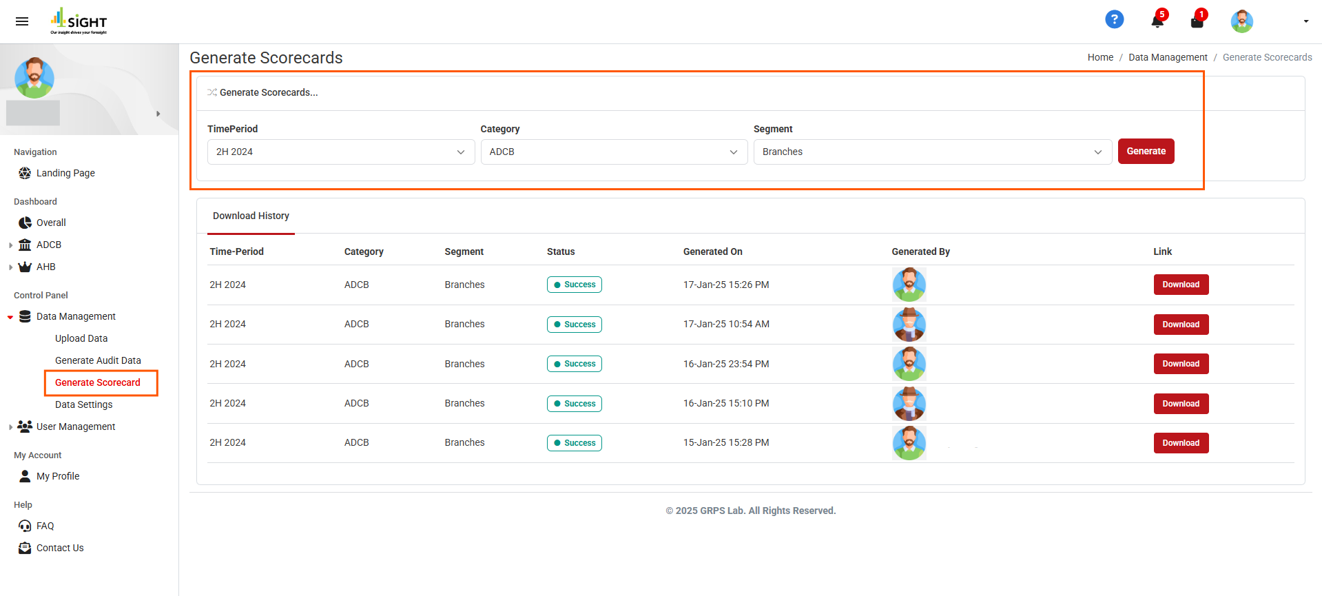 How do I generate a downloadable scorecard from the portal?